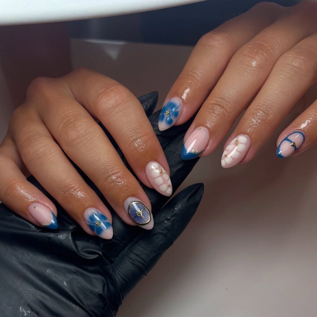 Blue and White Nails