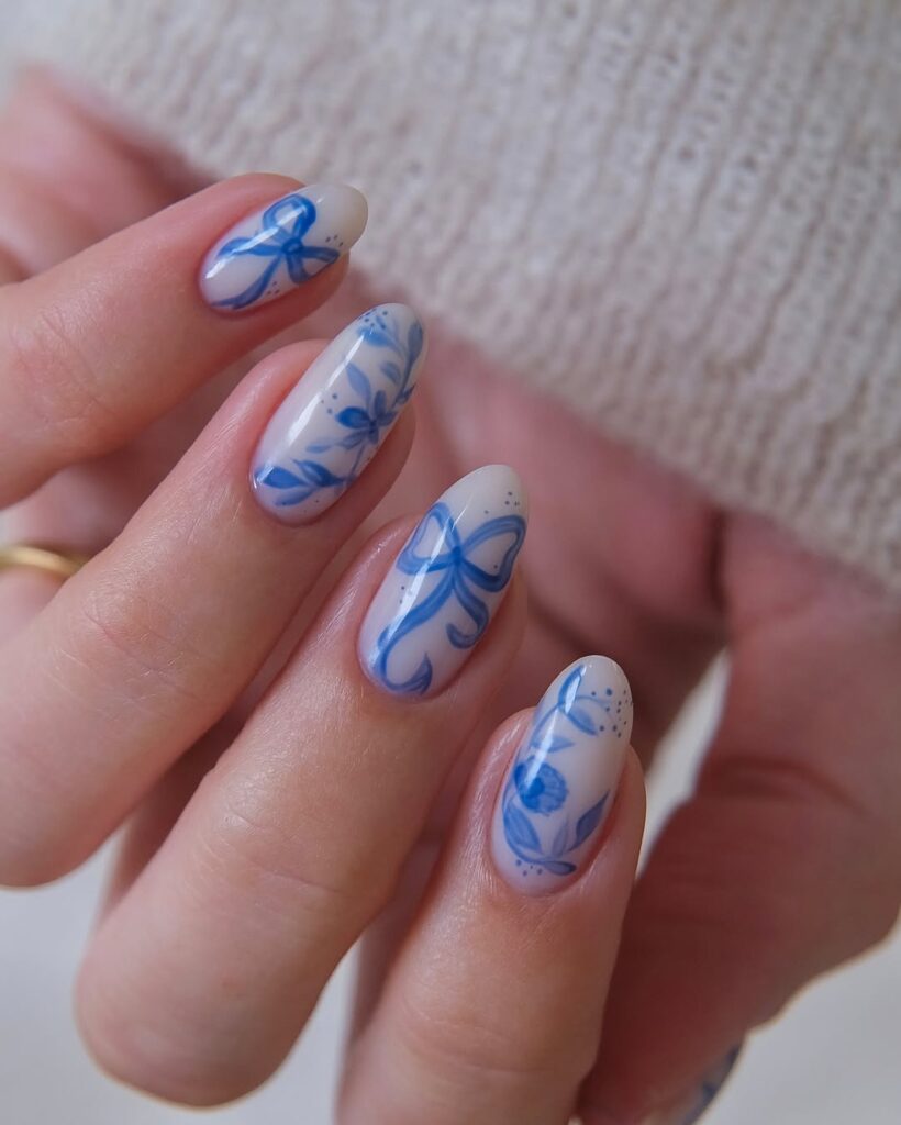 Blue and White Nails